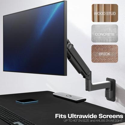 Mechanical Arm Single Ultrawide Monitor Wall Mount fits ultrawide screens up to 40" and 44lbs in size.