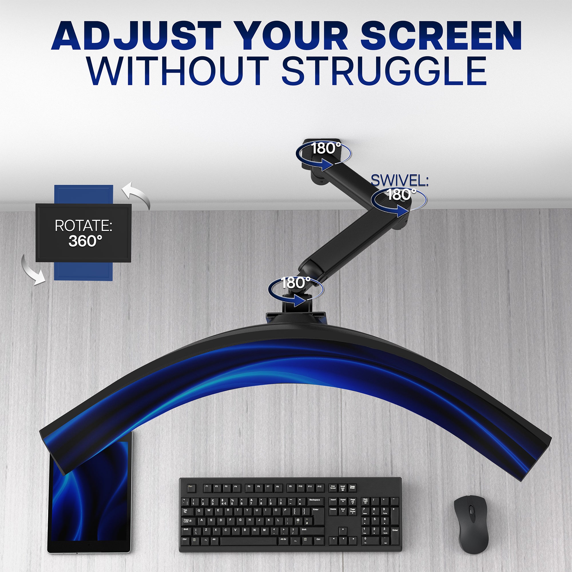 Monitor arm with adjustable features on a desk setup with keyboard and mouse.