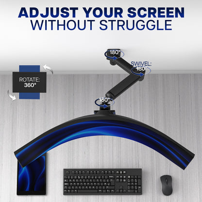 Articulation shot of floating monitor on wall with text stating "adjust your screen without struggle"