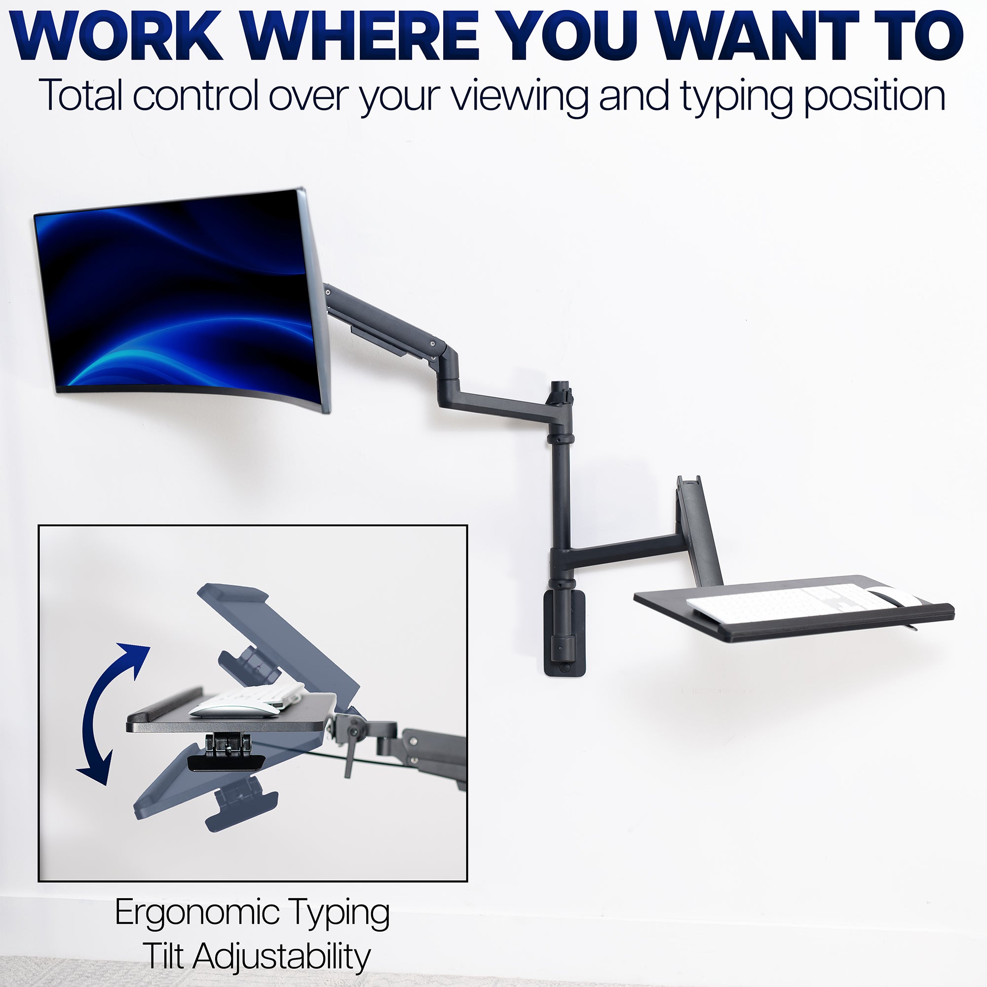 Pneumatic Arm Single Ultrawide Monitor Wall Mount + Keyboard Tray - Up to 49" Screens