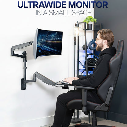 Pneumatic Arm Single Ultrawide Monitor Wall Mount + Keyboard Tray - Up to 49" Screens
