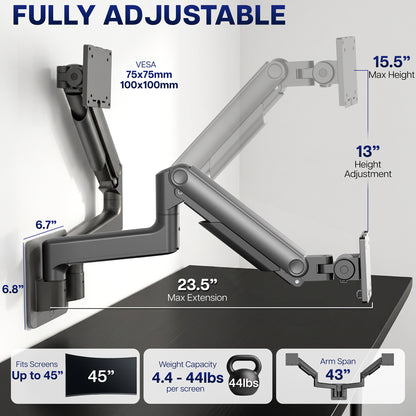 Premium Dual Arm Ultrawide Monitor Wall Mount - Up to 45" Screens