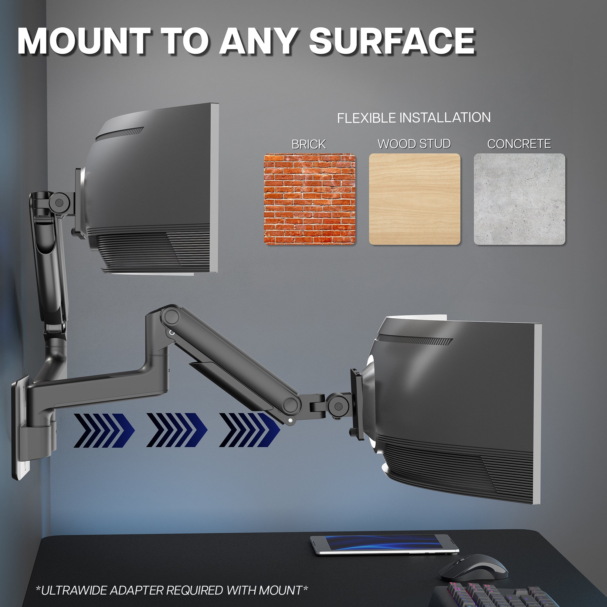 Premium Dual Arm Ultrawide Monitor Wall Mount - Up to 45" Screens