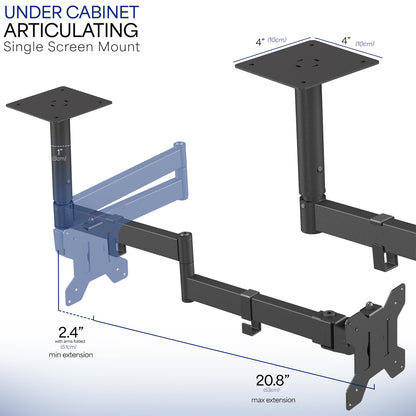 Under cabinet articulating single screen mount with measurements on a white background