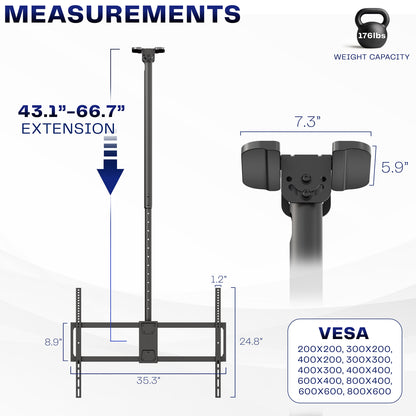 Measurement chart of a TV ceiling mount with extension, weight capacity, and VESA dimensions.