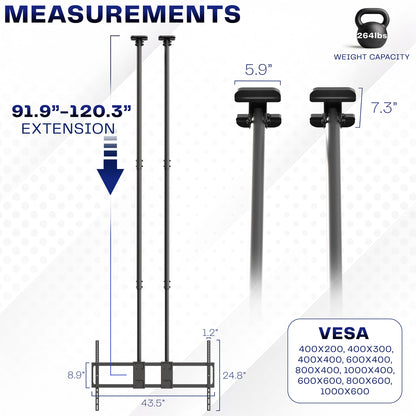 Dual Pole Extra Large 60” to 120” TV Ceiling Mount with Extension Pole