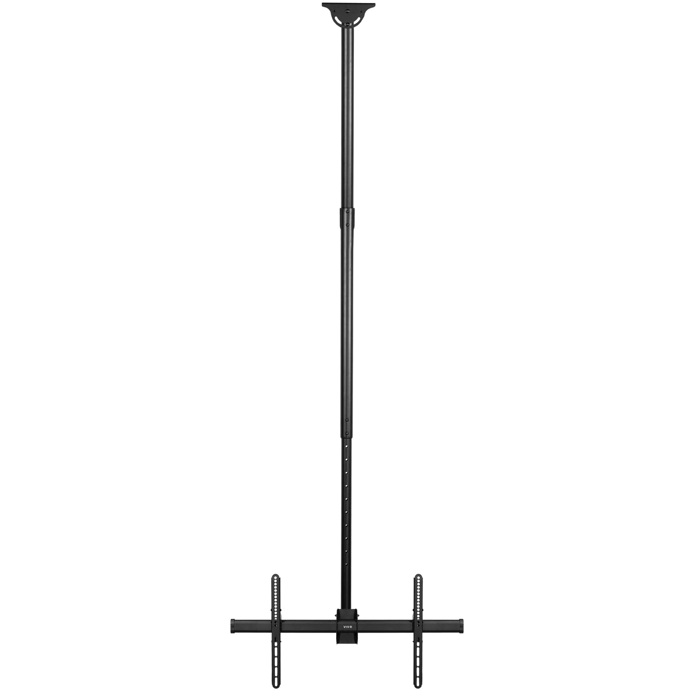 Large heavy-duty TV ceiling mount with height adjustable 10-foot extension pole with swivel and tilt and built-in cable management. Compatible with flat or sloped ceilings and wood, brick, and concrete mounting surfaces.