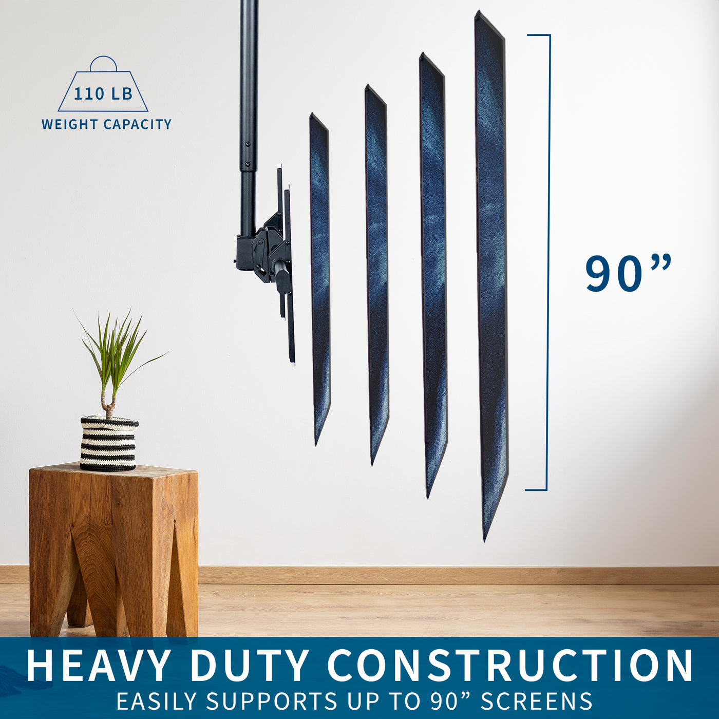 Large heavy-duty TV ceiling mount with height adjustable 5-foot extension pole with swivel and tilt and built-in cable management. Compatible with flat or sloped ceilings and wood, brick, and concrete mounting surfaces.