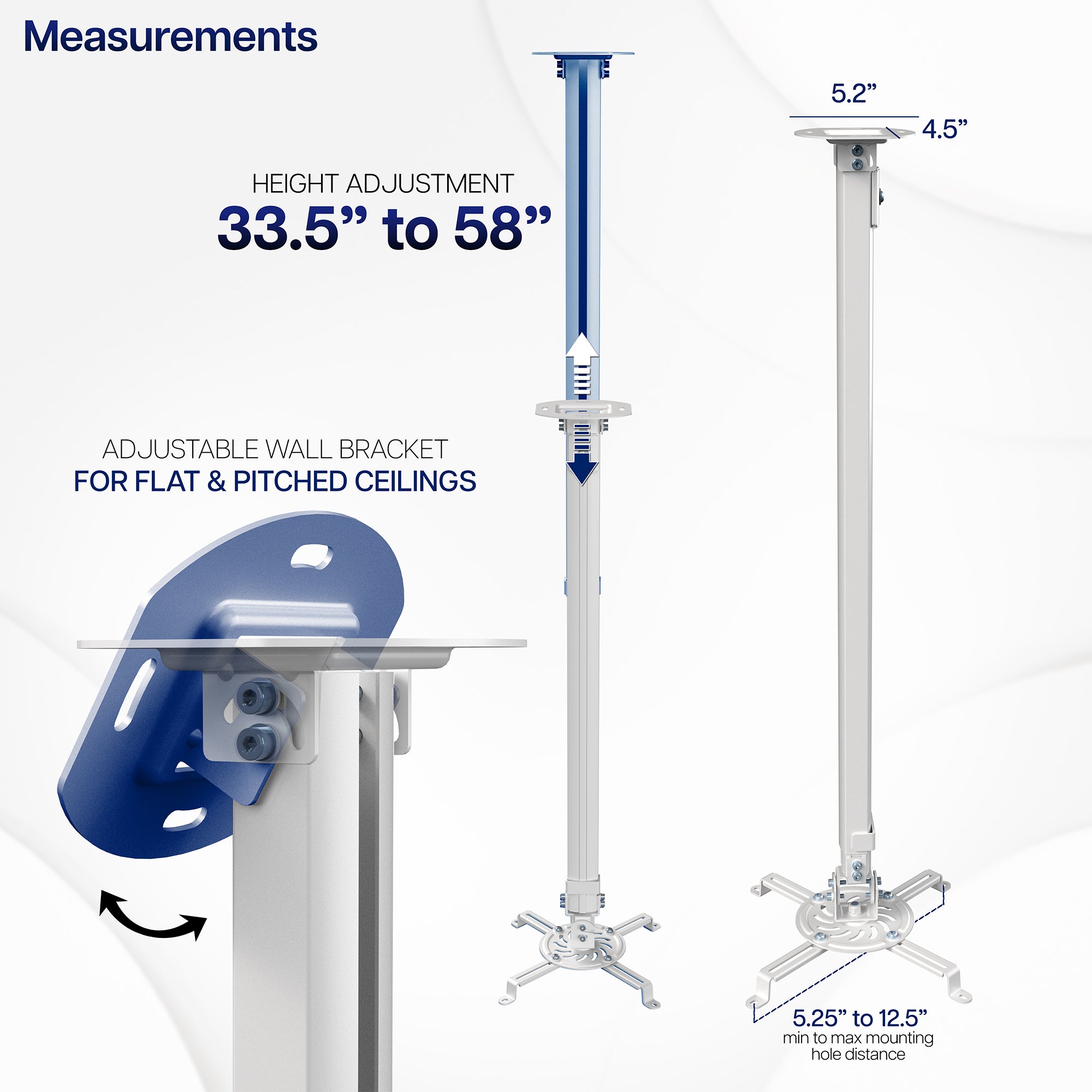 Adjustable wall bracket with height measurement details on a white background
