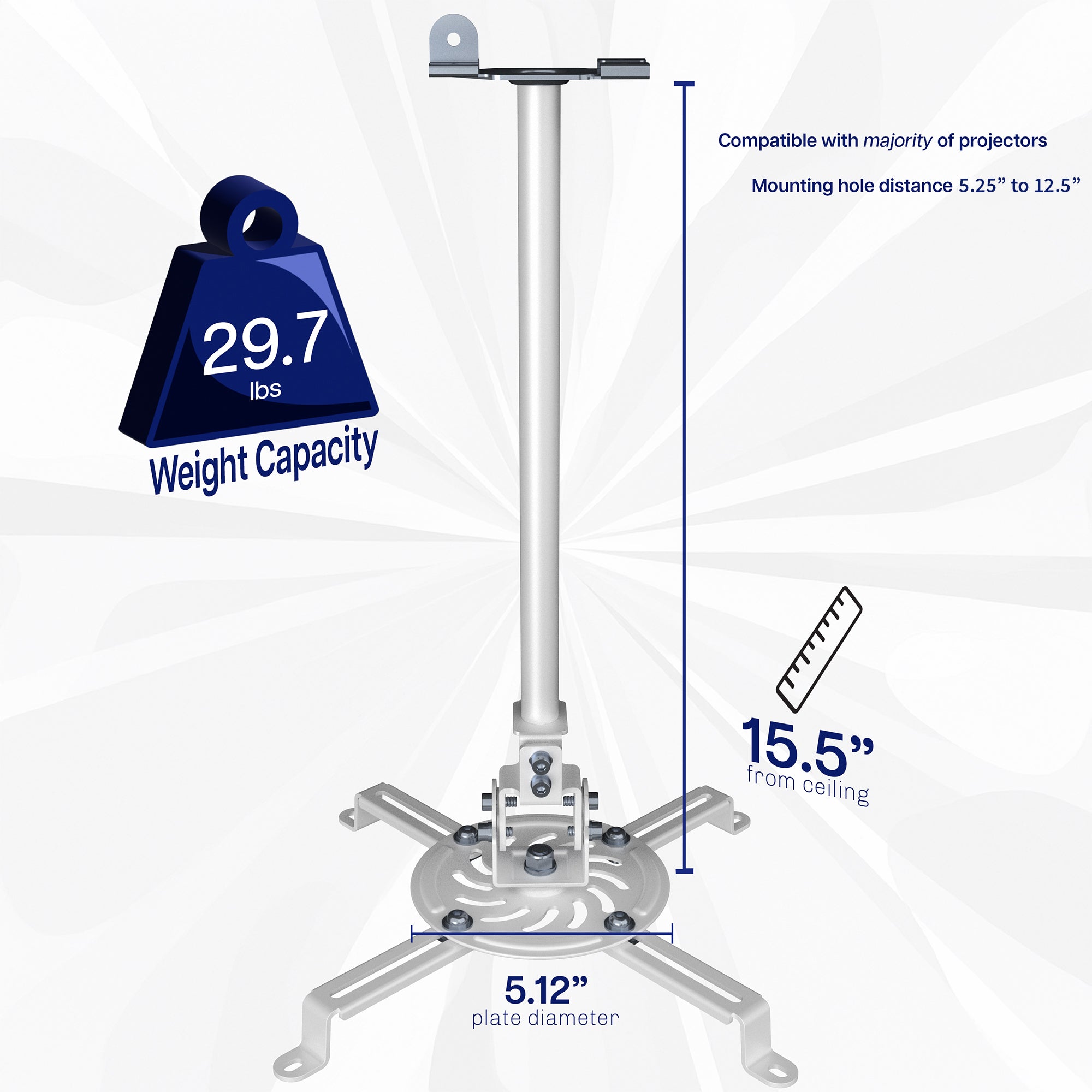 White Drop Ceiling Projector Mount with Scissor Clamp