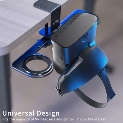 Clamp-on VR headset stand that mounts to desk for storage and convenient access.