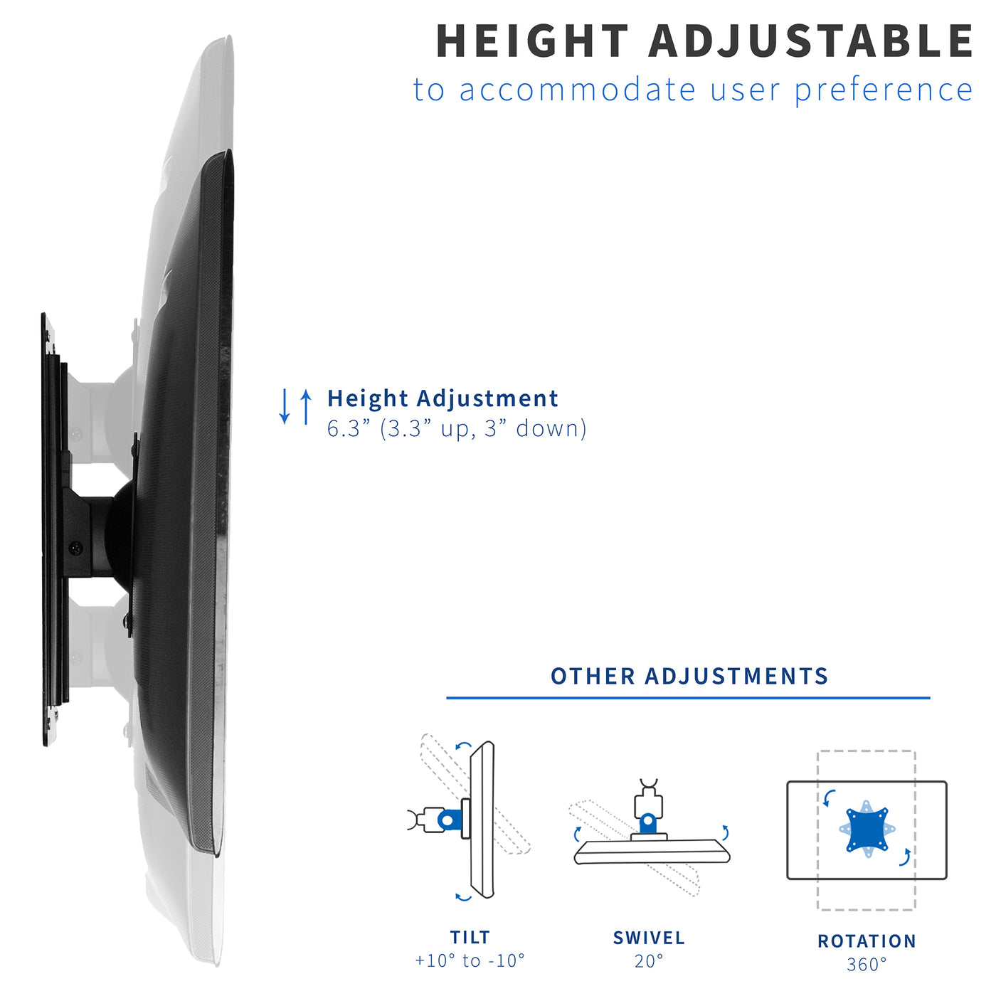 Sturdy steel VESA wall mount with articulation and height adjustment.