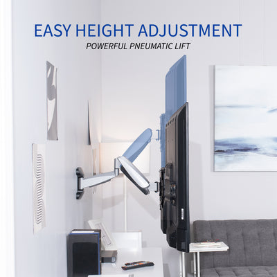 Height adjustable articulating pneumatic wall mount TV monitor arm.