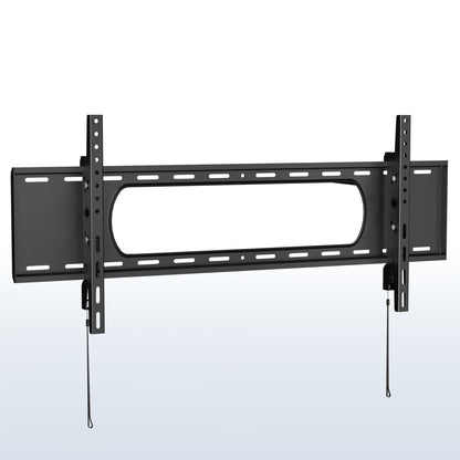 A black tilting wall mount for TVs with a visible label showing the largest screen size compatibility.