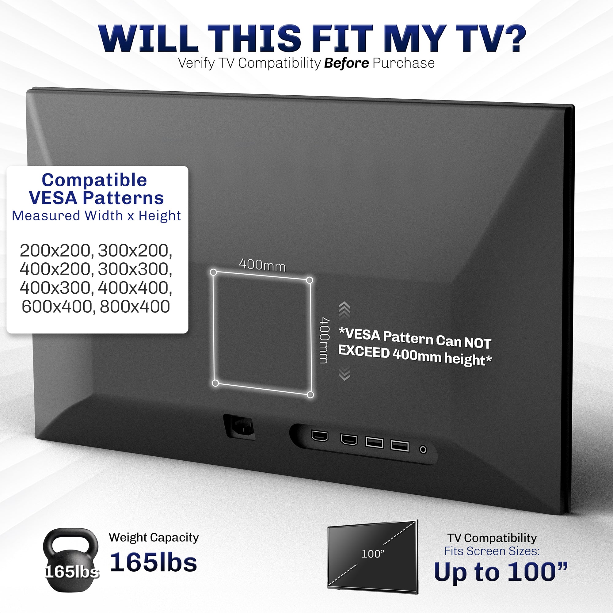TV with VESA pattern compatibility information and weight capacity details.