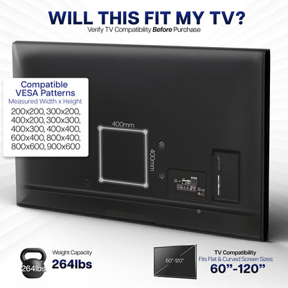 Full Motion Extra Large 60” to 120” TV Wall Mount with compatibility information for VESA patterns, weight capacity, and screen size range.