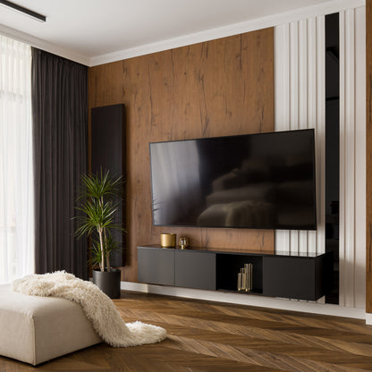 Modern living room with a large TV mounted on a wooden wall.