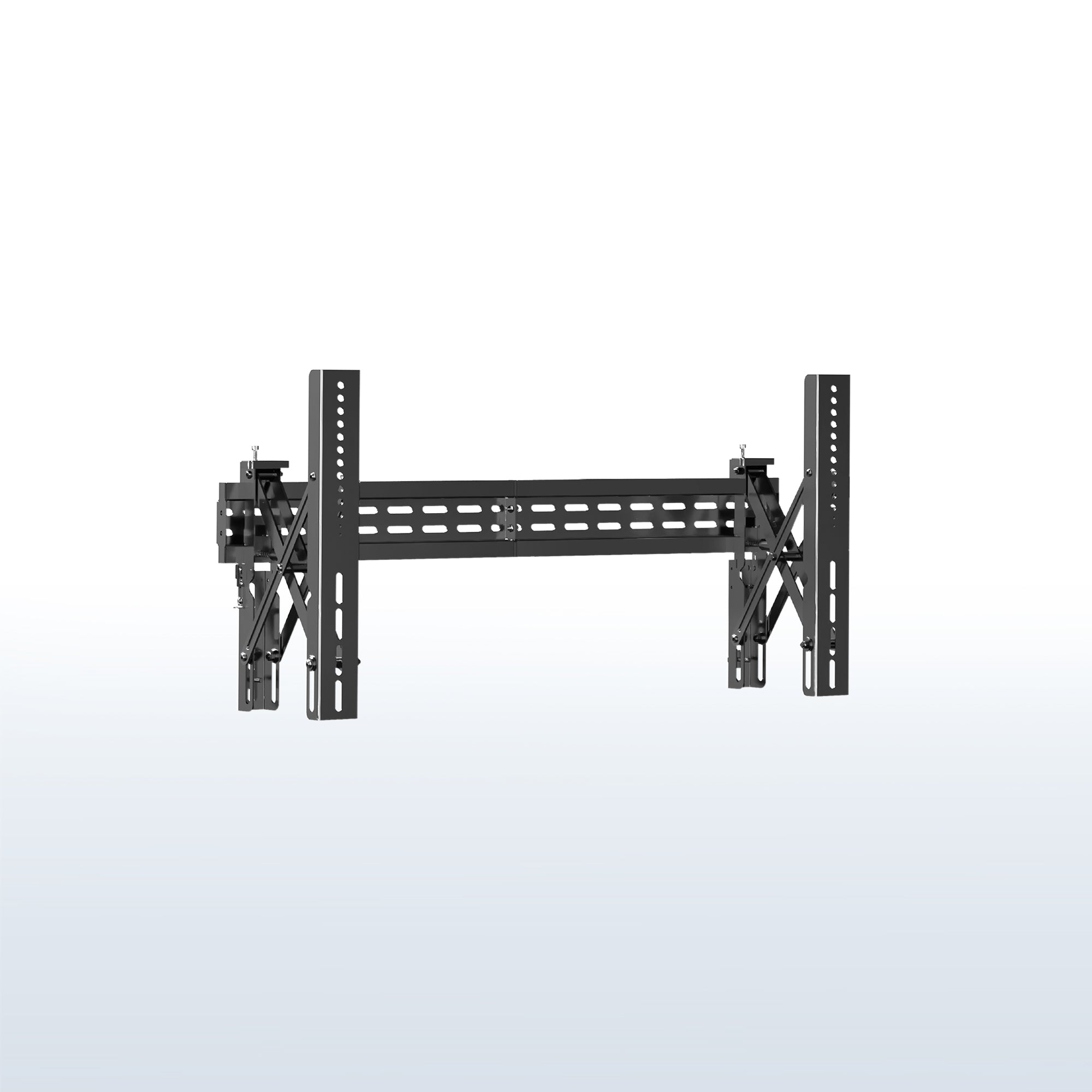A black VESA wall mount showing a sturdy landscape-oriented design with multiple holes for adjustment.