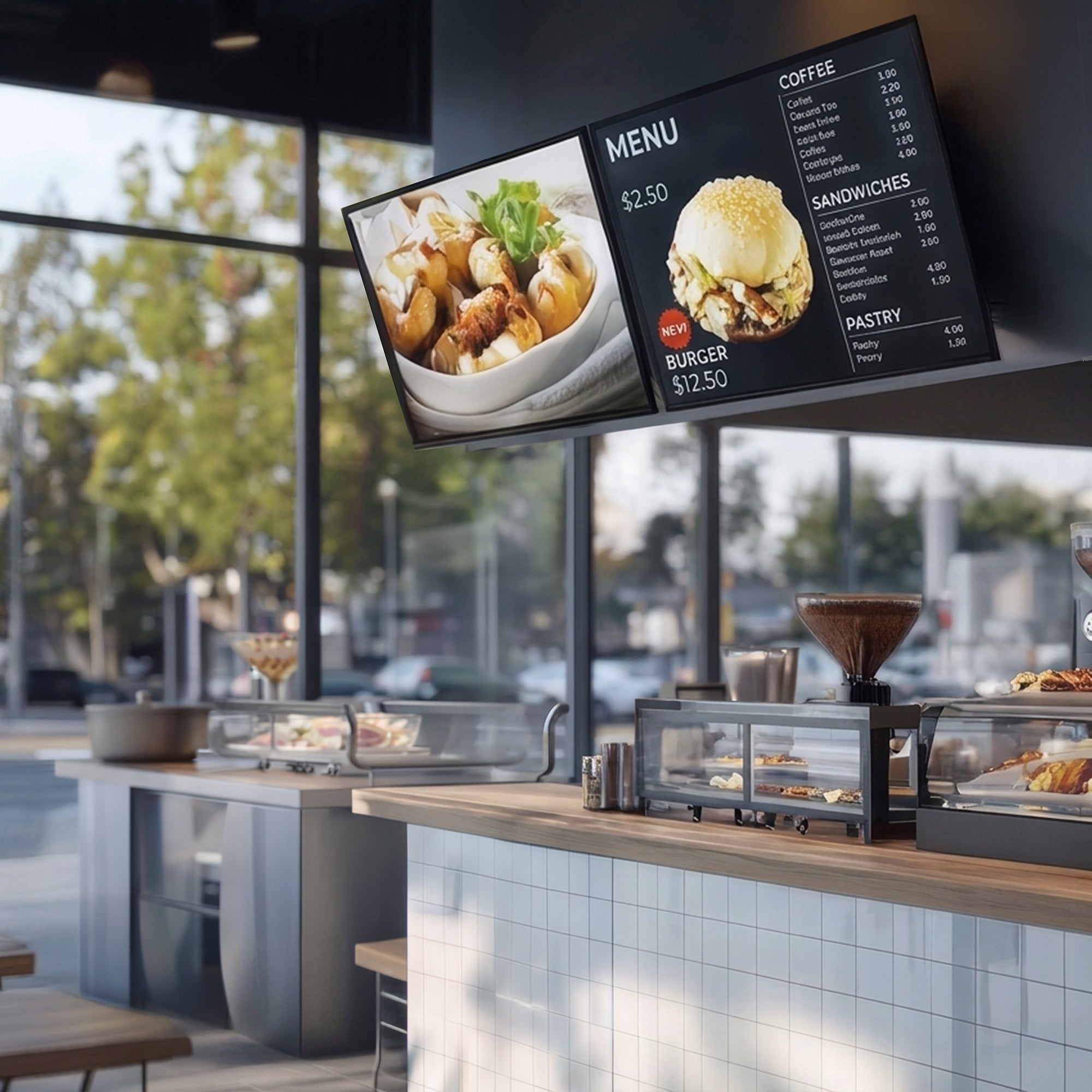 Pop-Out TV Tilting 1x2 Video Wall Mounts - 37” to 65” Screens shown in a cafe with the menu.