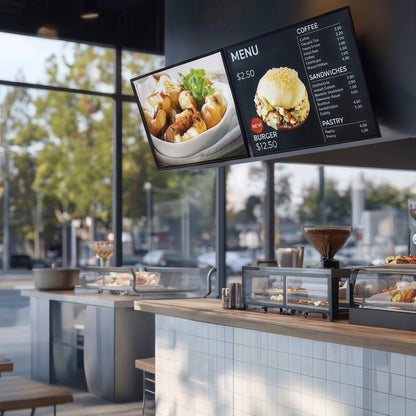 Pop-Out TV Tilting 1x2 Video Wall Mounts - 37” to 65” Screens shown in a cafe with the menu.