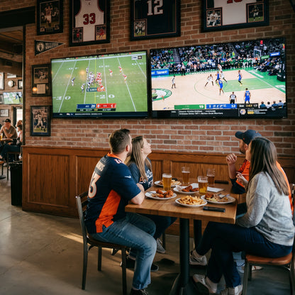 A group of four friends sits at a wooden table in a sports bar, watching two large wall-mounted TV screens showing football and basketball games. The background features a brick wall adorned with framed jerseys and sports memorabilia.