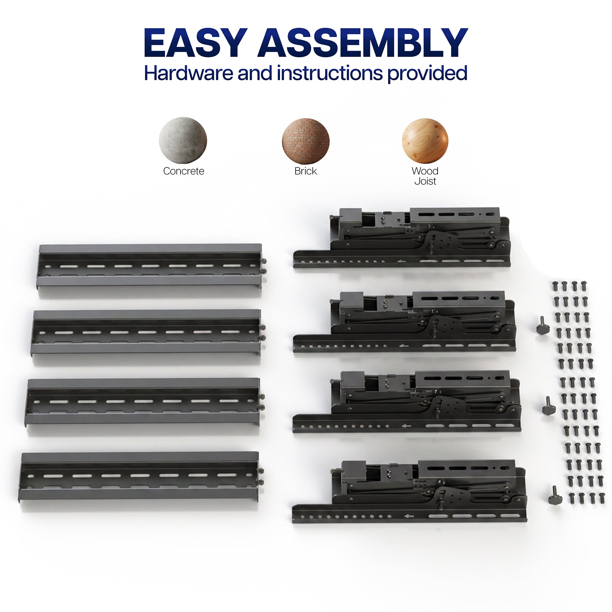 Black metal TV mounting brackets and screws laid out on a white background with text reading 'EASY ASSEMBLY' and small color circles labeled Concrete, Brick, and Wood Veneer.