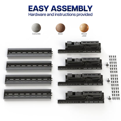Black metal TV mounting brackets and screws laid out on a white background with text reading 'EASY ASSEMBLY' and small color circles labeled Concrete, Brick, and Wood Veneer.