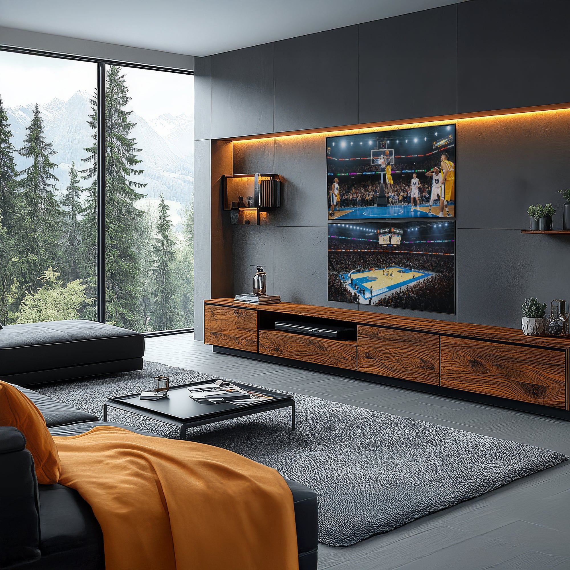 A black TV wall mount holding 2 TVs in a living room. 
