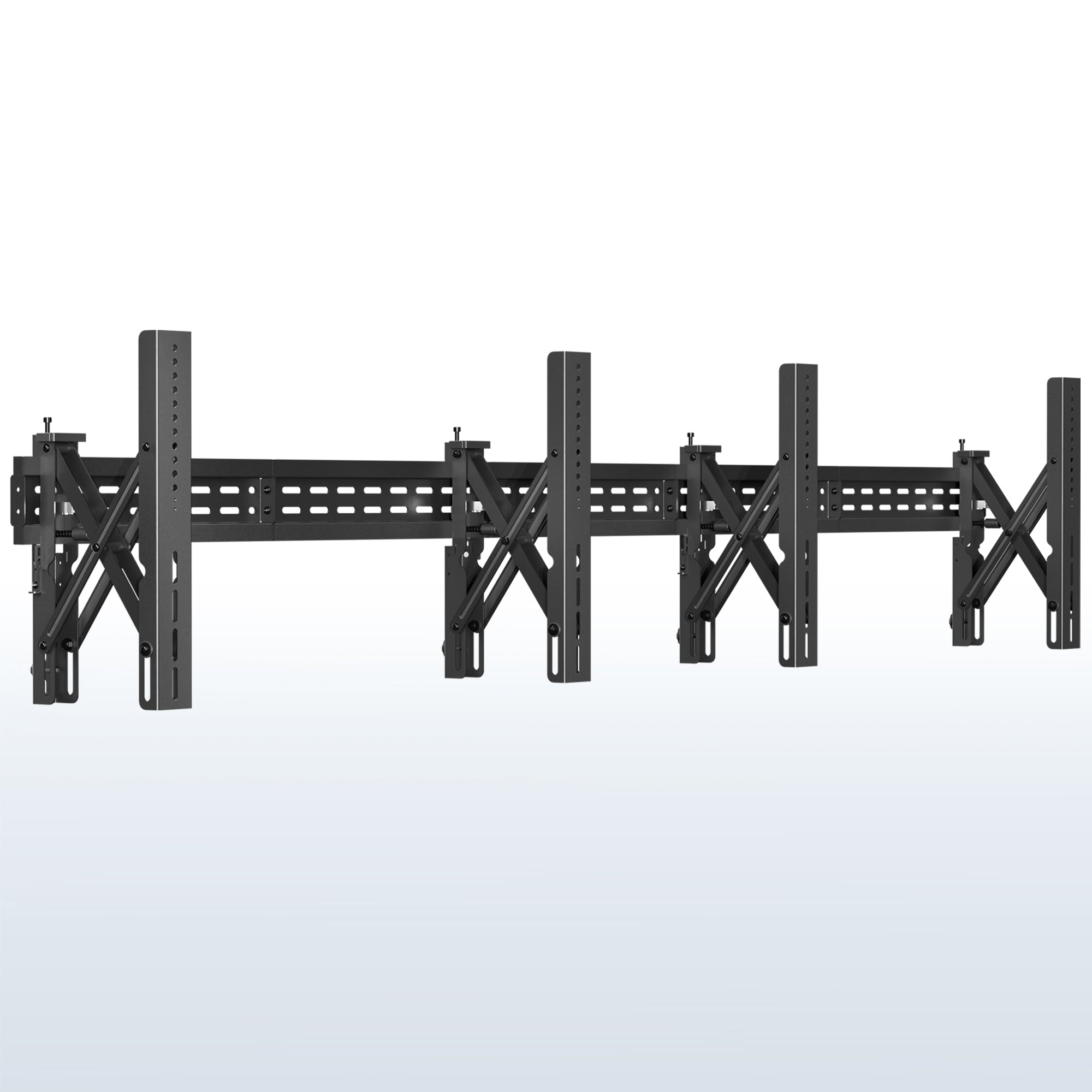 A black TV wall mount designed to hold multiple TVs in a 1x2 arrangement.