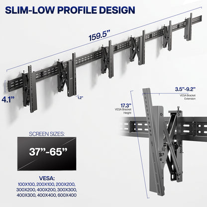 Slim, low profile Pop-Out TV Tilting 1x3 Video Wall Mounts