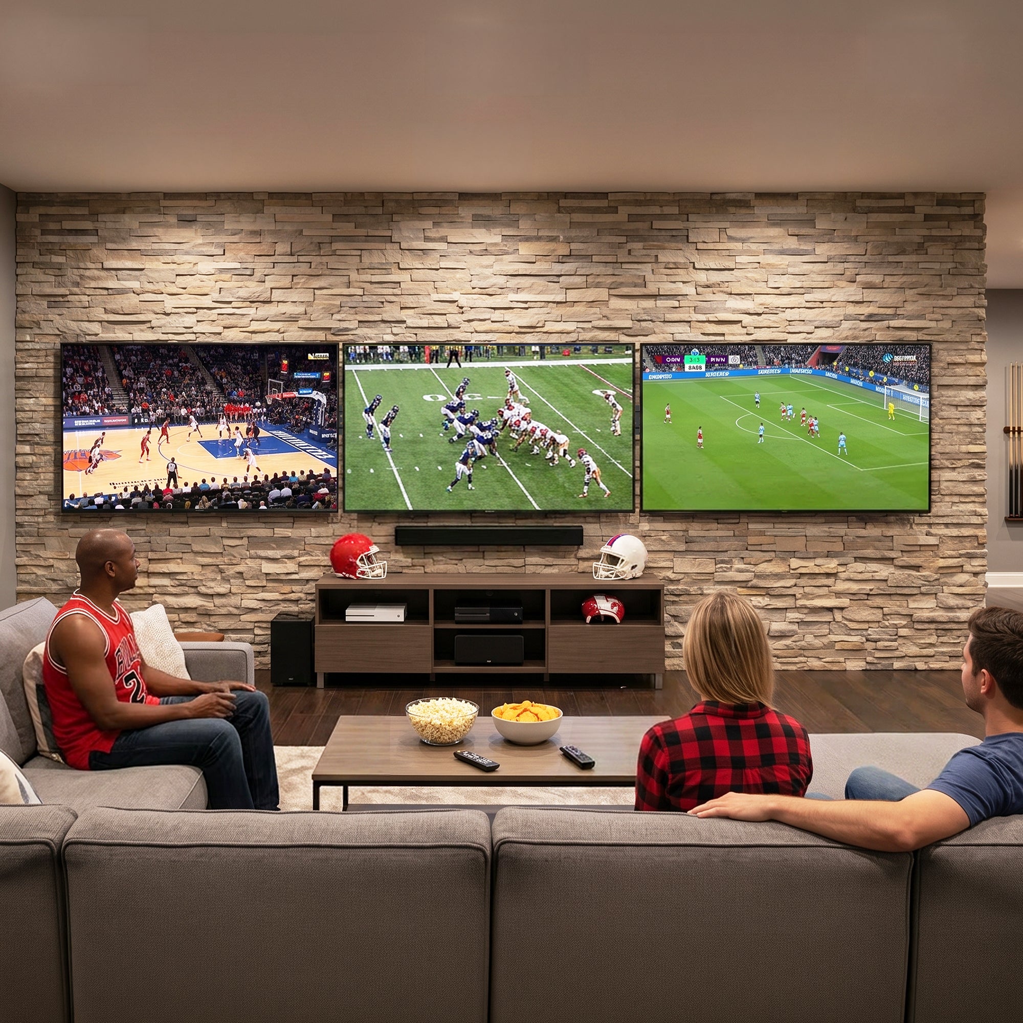 Pop-Out TV Tilting 1x3 Video Wall Mounts shown in a basement setting with multi sport games displayed