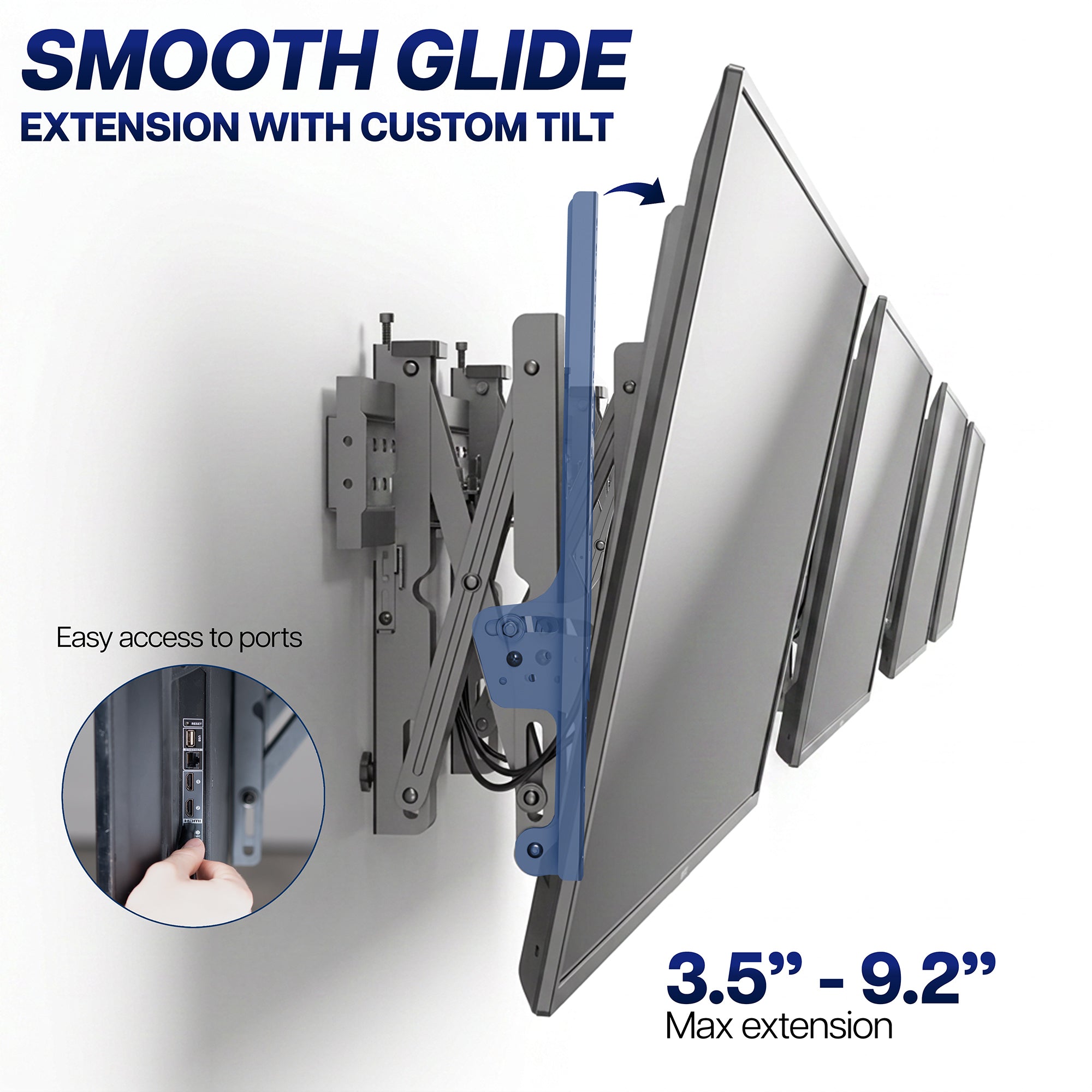 1x4 Video Wall Mounts shown with several TV screens extended upward. The product is mounted on a white wall with blue text reading 'SMOOTH GLIDE EXTENSION WITH CUSTOM TILT' and '3.
