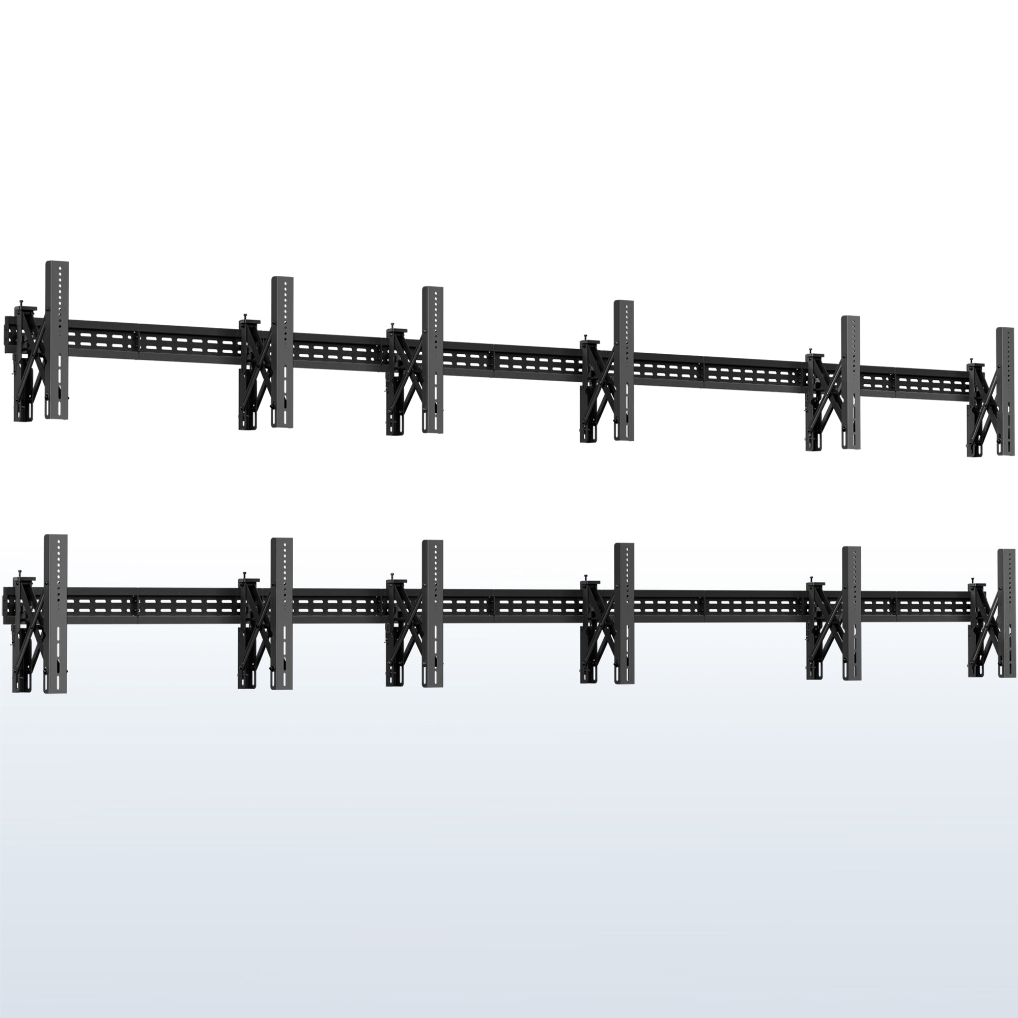A set of black video wall mounts designed to support multiple TVs.