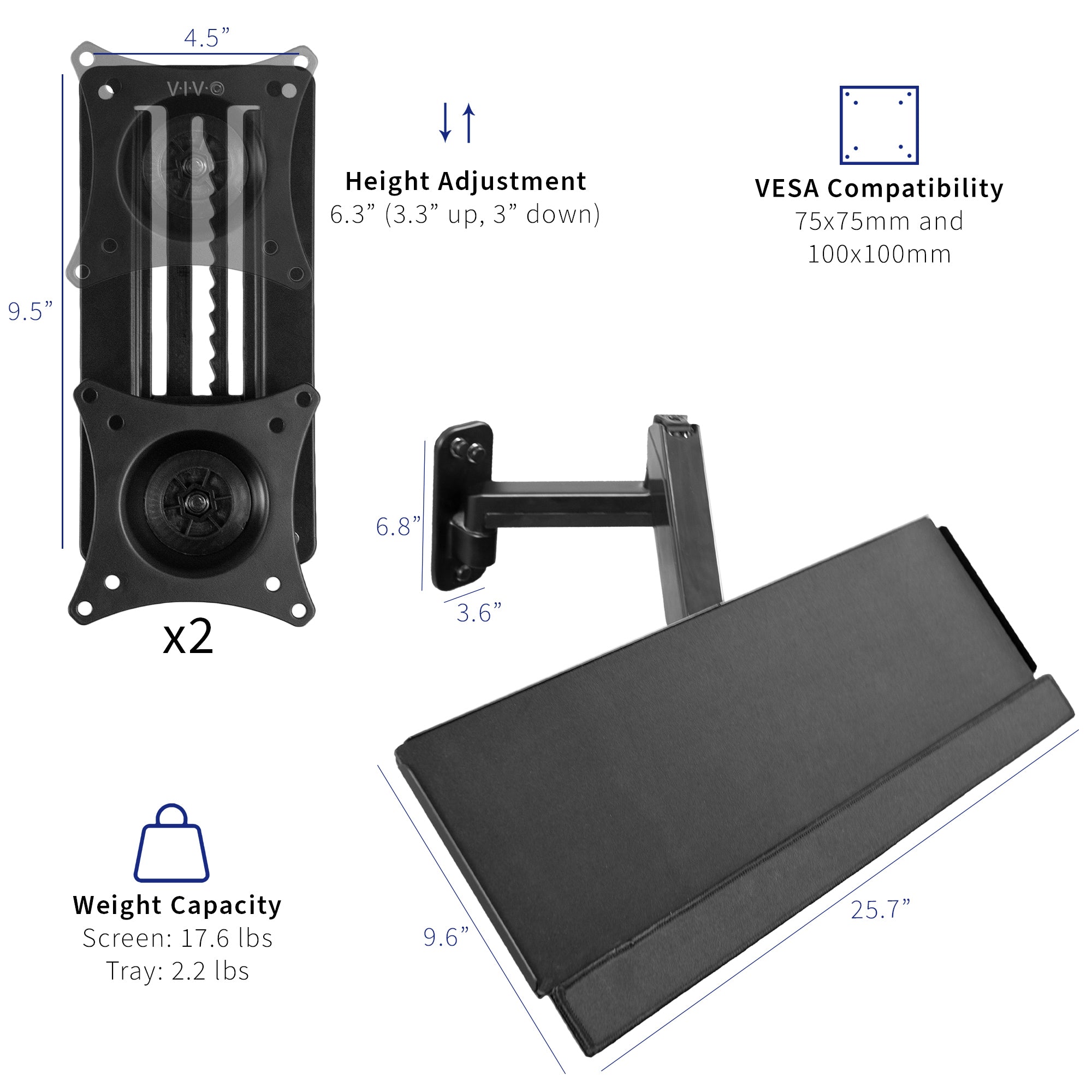 Dual monitor wall mount and height adjustable keyboard tray create a complete wall-mounted workstation.