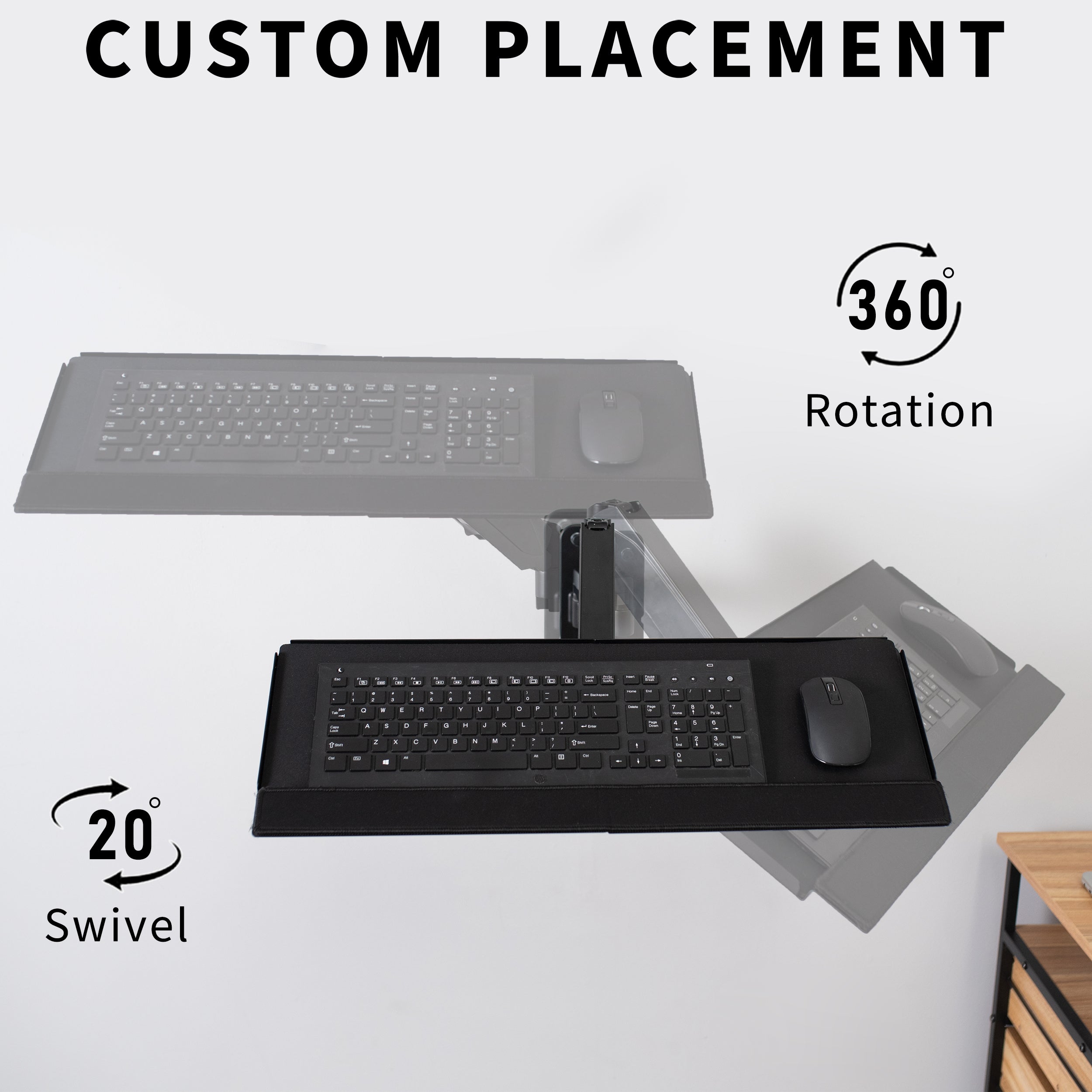 Dual monitor wall mount and height adjustable keyboard tray create a complete wall-mounted workstation.