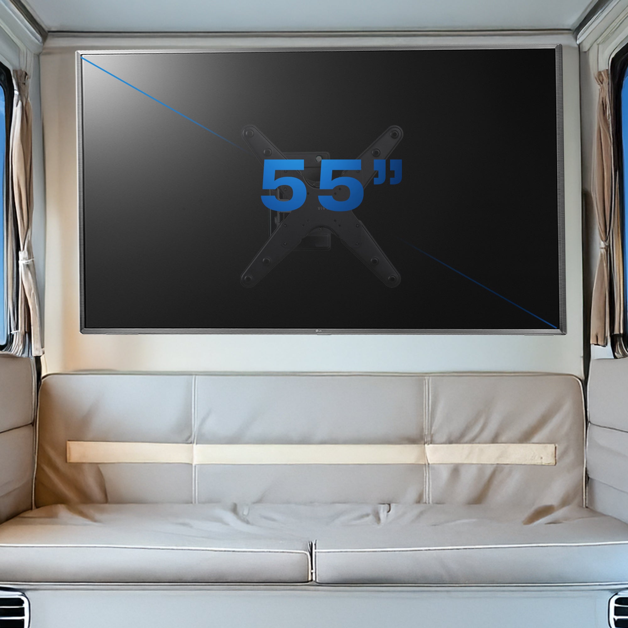 A black locking RV TV mount with articulating arm by VIVO.