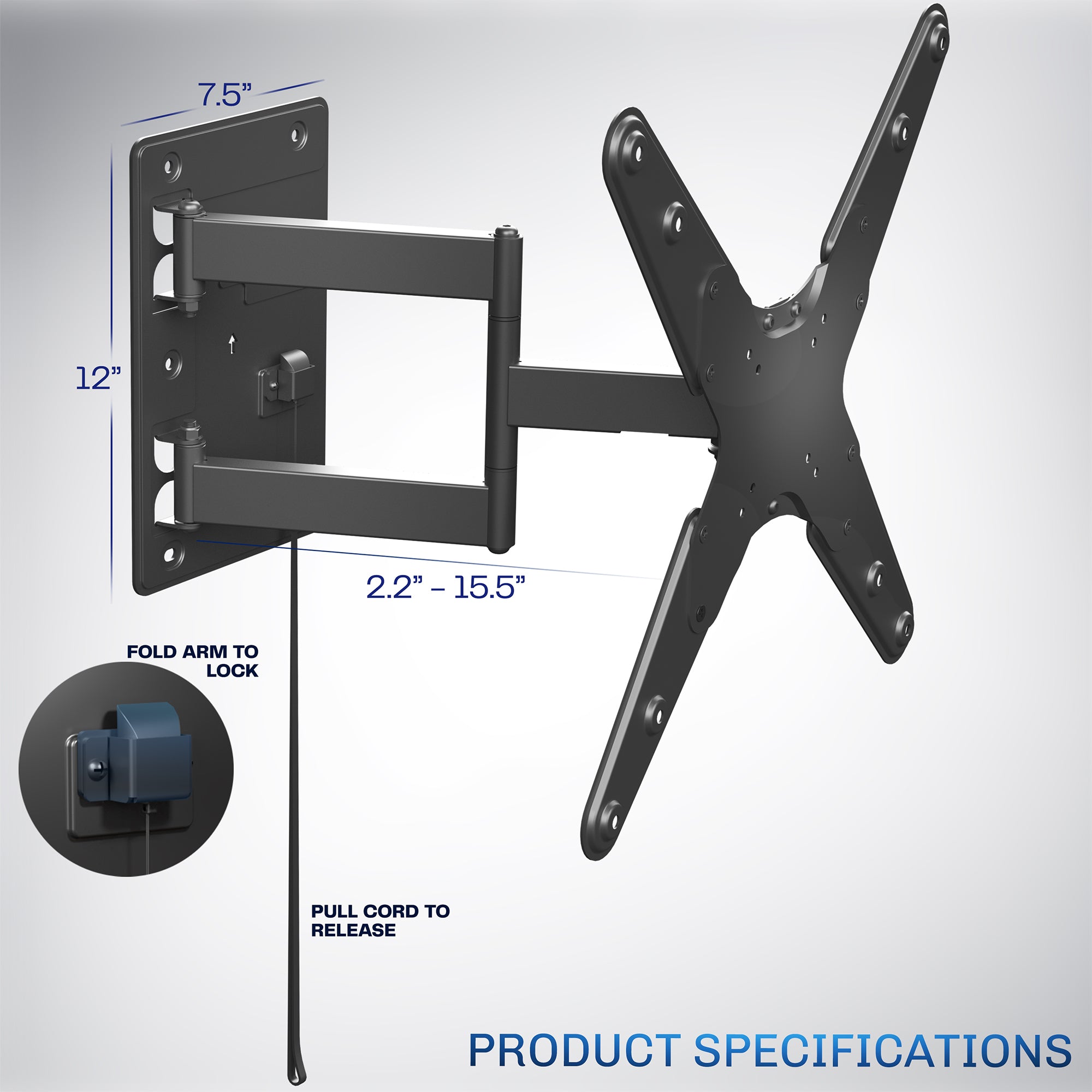 Locking RV TV Mount with Articulating Arm Product Specifications on a gradient background.