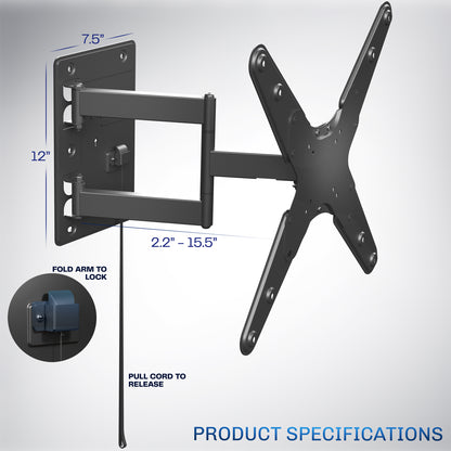 Locking RV TV Mount with Articulating Arm Product Specifications on a gradient background.