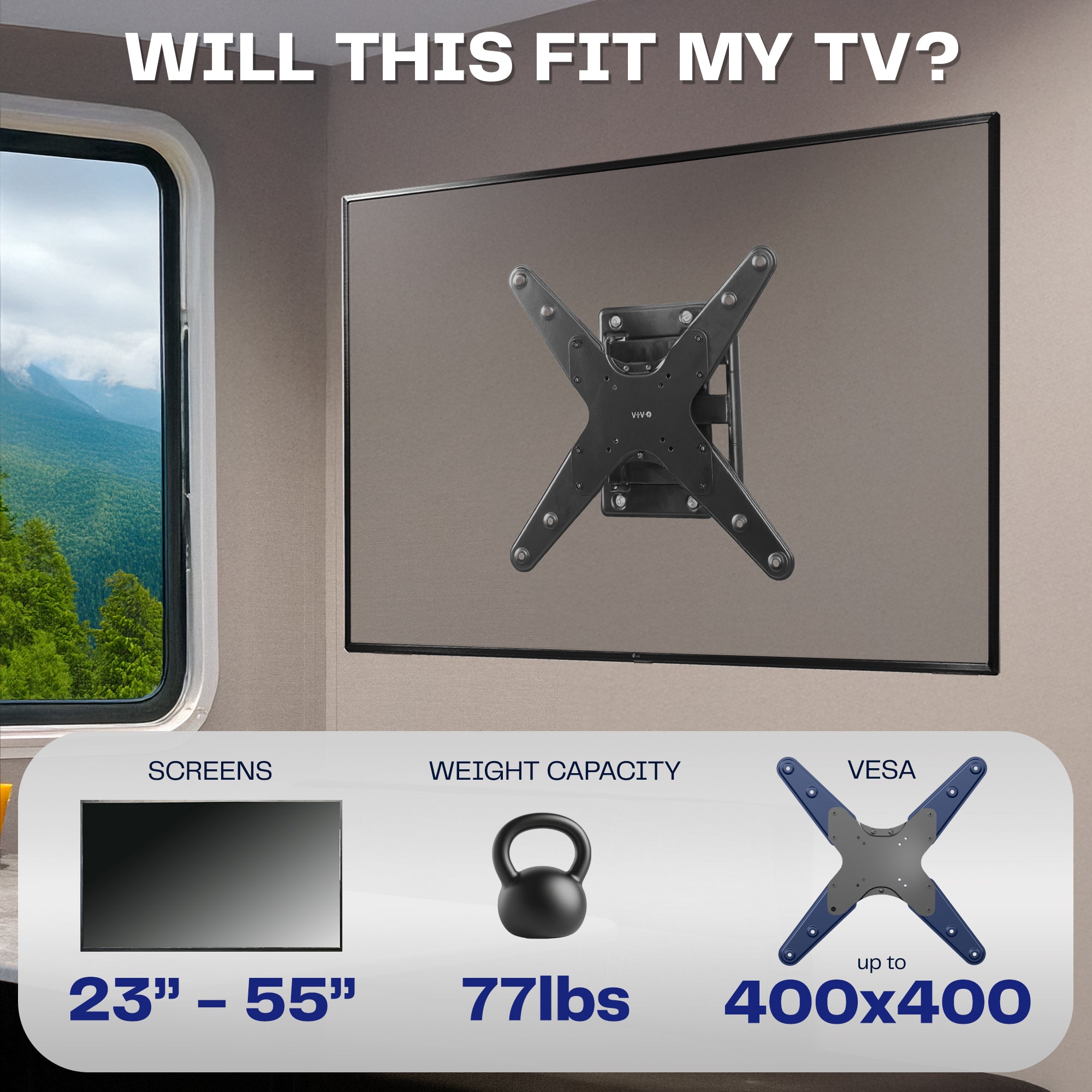 Locking RV TV Mount with Articulating Arm Specs shown on a live scene in a RV
