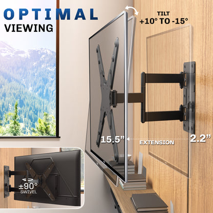 "Optimal Viewing" text with articulation callouts, tilt, extension, and swivel.