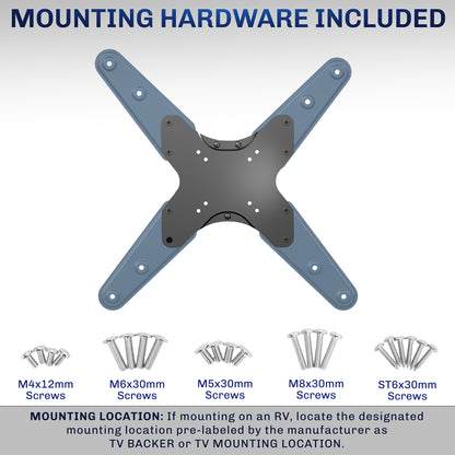A black locking RV TV mount displaying mounting hardware.