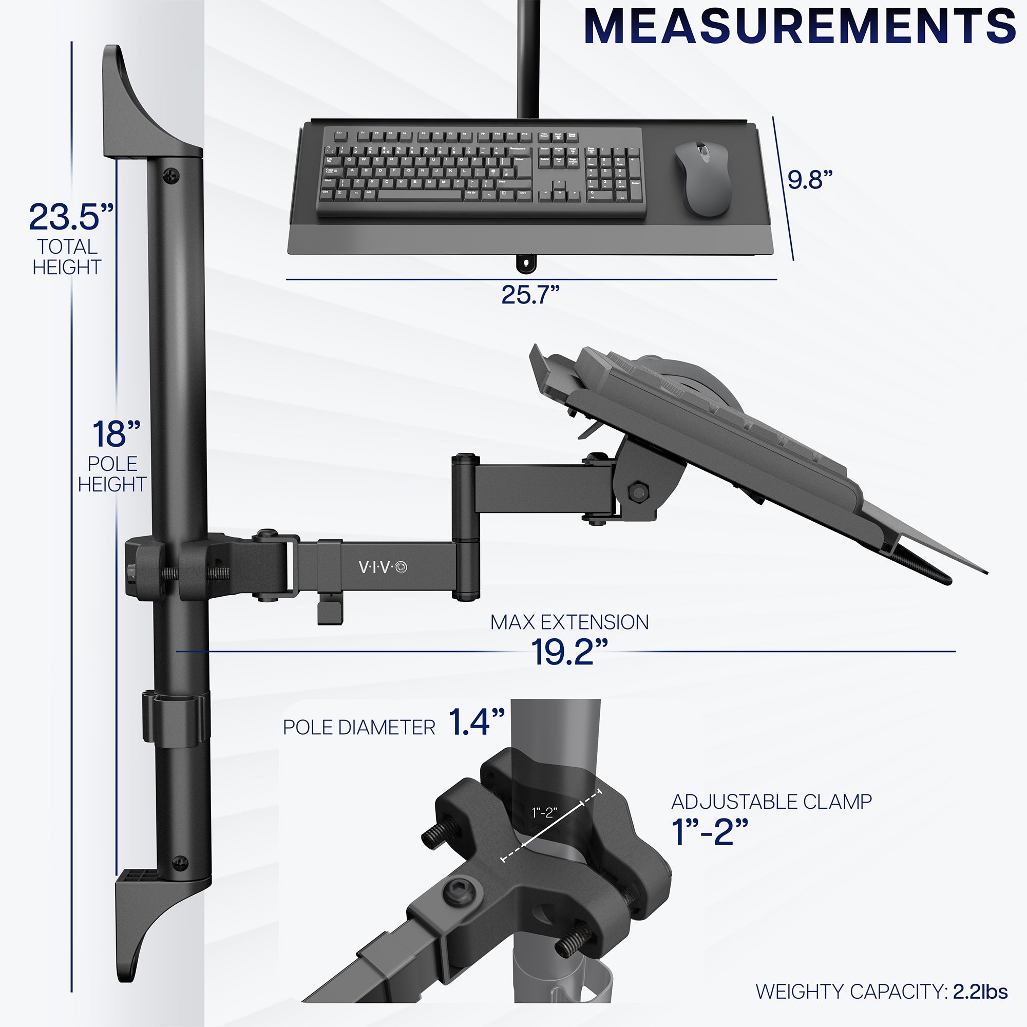 Keyboard and mouse mount with detailed measurements on a white background
