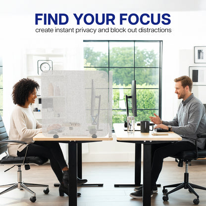 Two people working at desks with Desk Privacy Panels between them, text 'Find Your Focus' above.