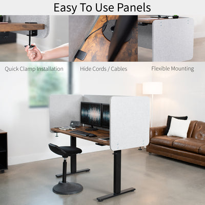 Easy mounting clamp-on desk privacy panel for office workspace.
