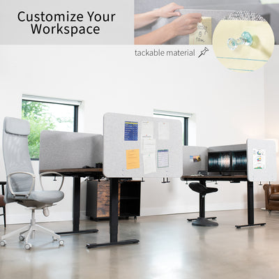 Clamp-on desk privacy panel with tackable material for office workspace.