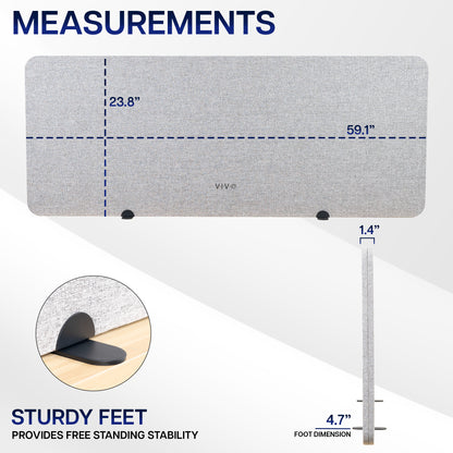 Measurement chart of a gray desk Privacy Panel with dimensions and stability features.