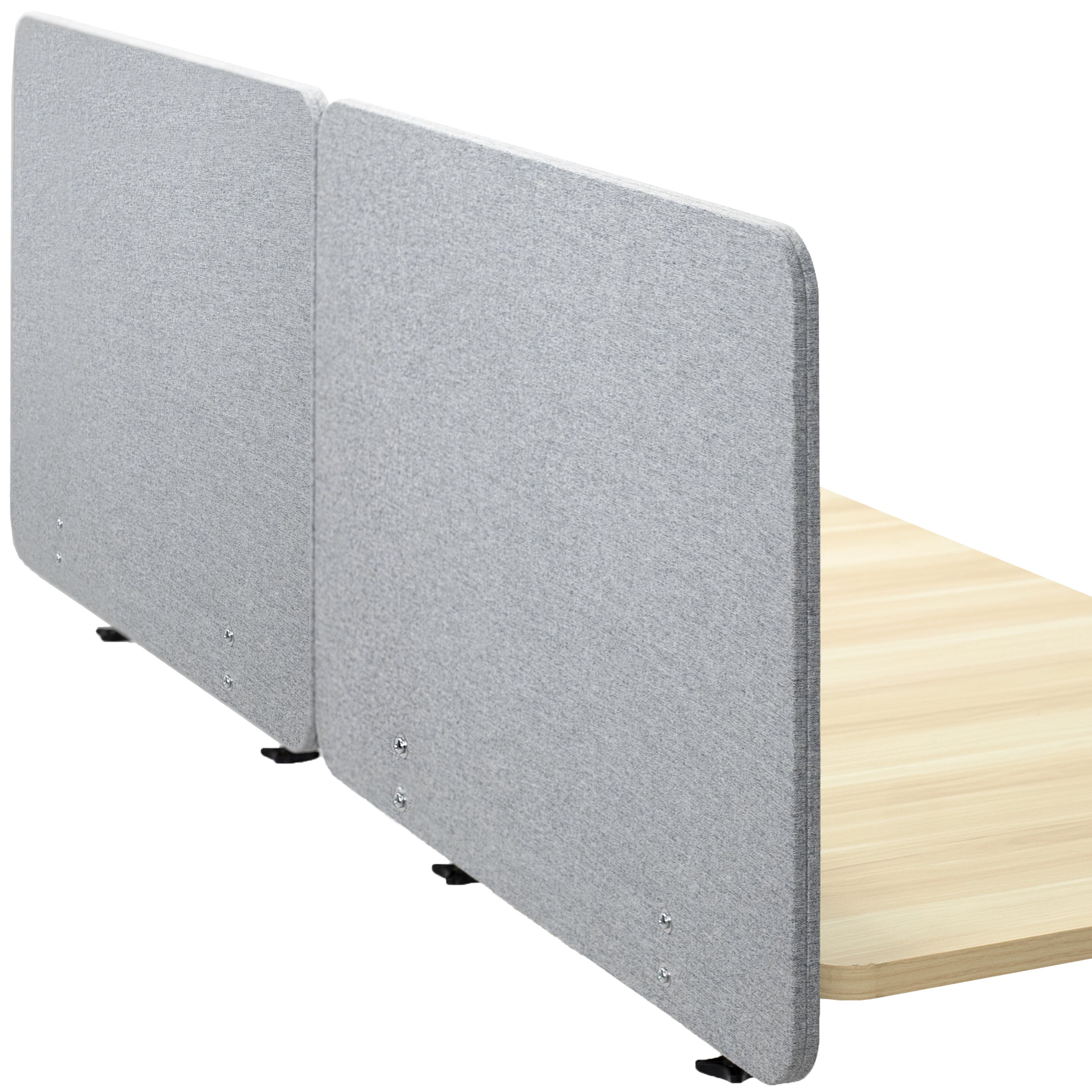 Clamp-on desk privacy panel for office workspace.