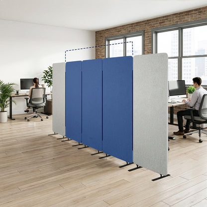 Freestanding privacy panels in an office space, three panels are included.
