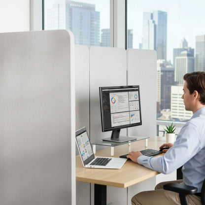Person working at a desk with a computer, laptop, and desk dividers in an office setting with cityscape view.