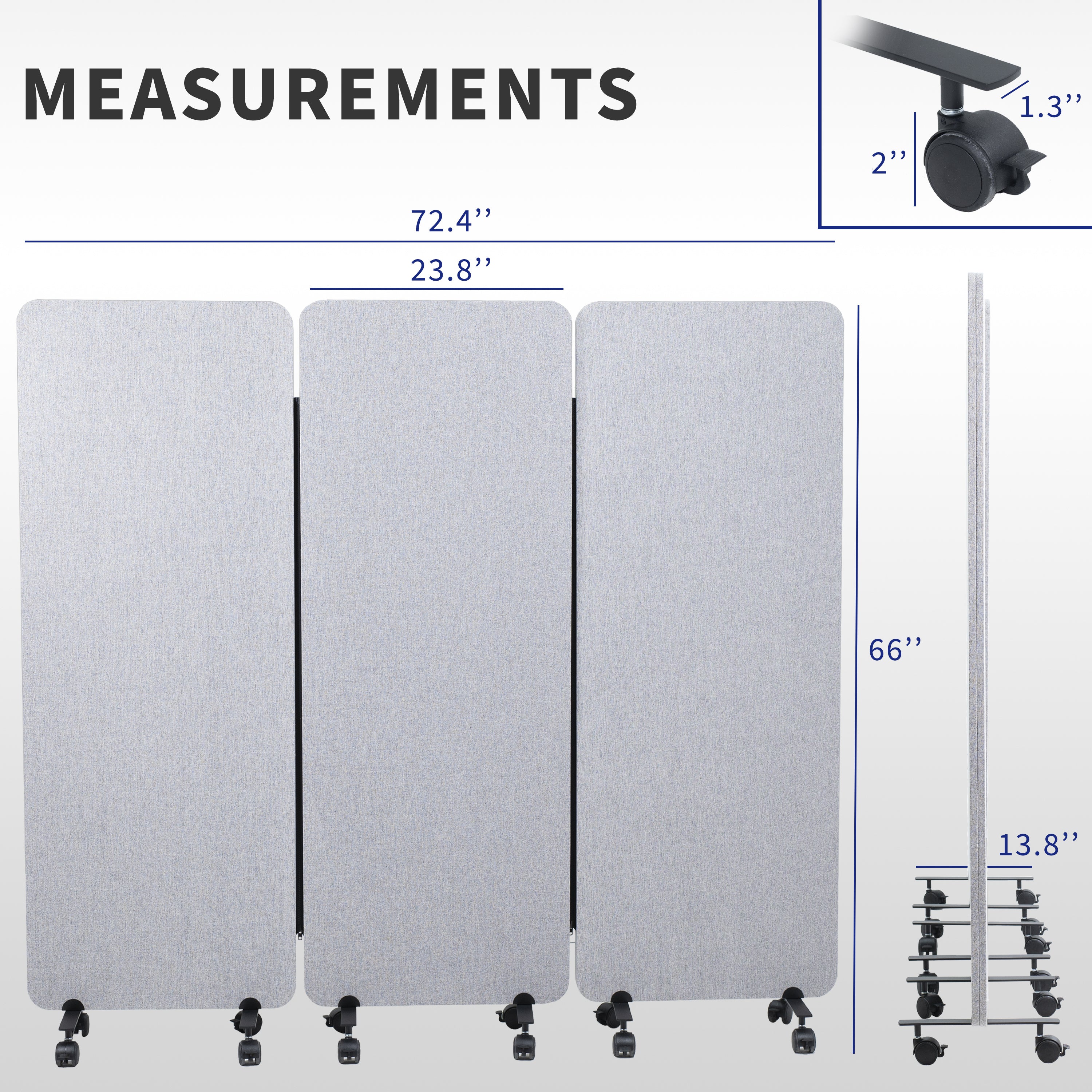 Measurement chart for a gray office partition with wheels, showing dimensions and wheel sizes.